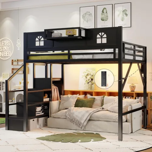 Miniatura 18 de Base de cama Queen Loft con escaleras y almacenamiento, marco de cama de metal resistente, capacidad de 800 libras, para adultos y adolescentes