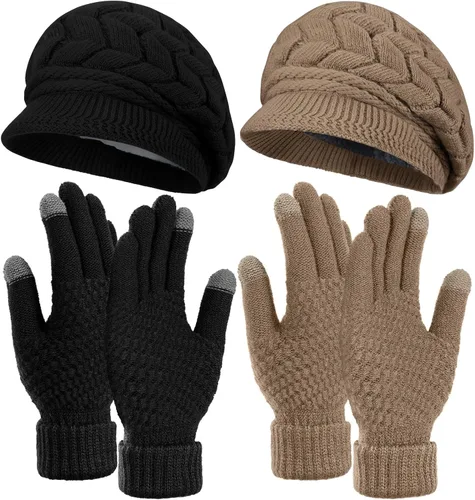 Miniatura 17 de SATINIOR Juego de 4 gorros y guantes de invierno para mujer, gorro de punto cálido, gorro de esquí de nieve con visera y guante para pantalla rojo
