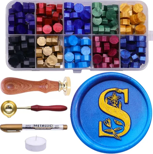 Miniatura 23 de SWANGSA Kit de sello de cera con letra inicial del alfabeto A, elegante sello de sellado de letras florales botánicas con 200 cuentas de cera