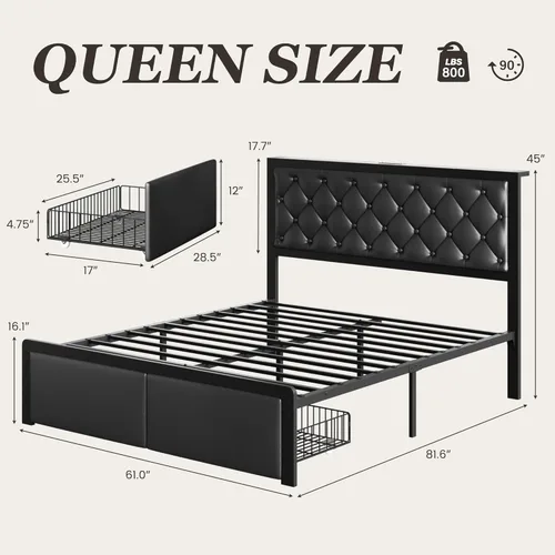 Miniatura 2 de Fluest - Base de cama tamaño Queen con 2 cajones de almacenamiento, cabecero tapizado con botones y estación de carga, no necesita somier, libre