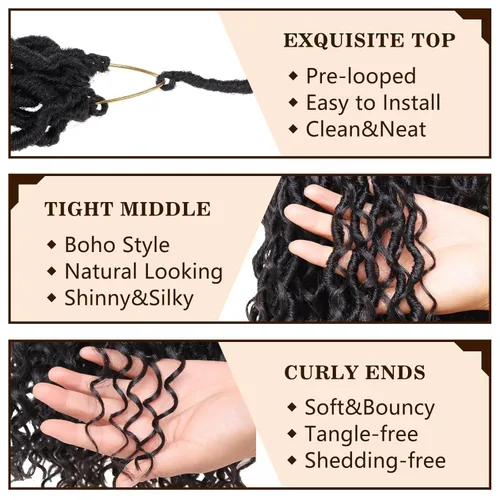 Miniatura 3 de COOKOO 14 pulgadas, 8 piezas de cabello de ganchillo Goddess Locs en total 112 hebras de pelo sintético negro natural de ganchillo de río hippie
