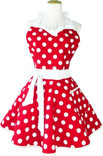 Delantal de cocina retro, dulce, con escote de corazón, para mujer o niña. Delantal vintage para salón de cocina, de algodón, a lunares, para Rojo