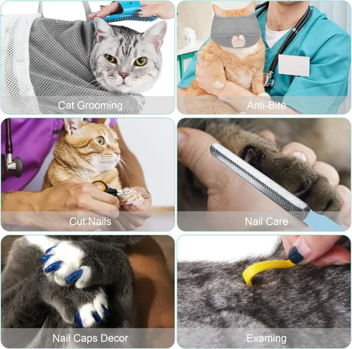 Miniatura 5 de Juego de baño para gatos, 8 piezas, red de ducha para gatos, bozal de malla, cepillo ajustable, cortaúñas, removedor de garrapatas, restricción