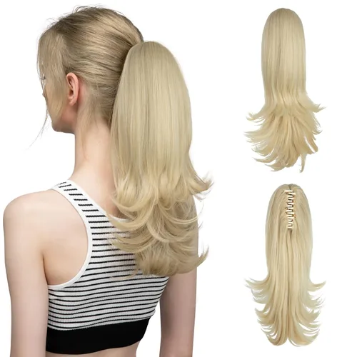 Miniatura 25 de CJL HAIR - Extensión de cola de caballo con clip de garra corto, cordón elástico, cabello rizado falso, balayage, pieza de cabello sintético, fibra