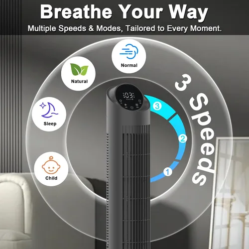 Miniatura 3 de hykolity Ventilador de torre para dormitorio, ventilador oscilante de 90°, ventilador de piso ultra silencioso de 28 dB con control remoto