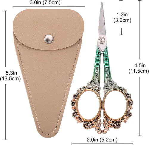 Miniatura 6 de Tijeras de costura afiladas con funda, tijeras de bordado para manualidades, hilo y punto de cruz, herramienta DIY, 4.5 pulgadas, doradas y verdes
