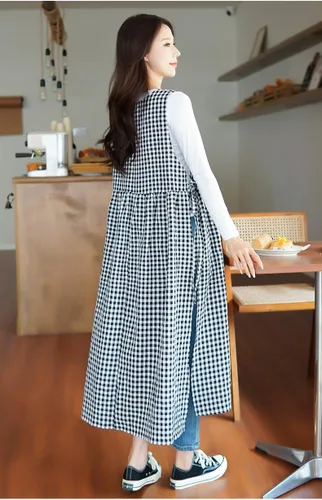 Miniatura 5 de Vestido de delantal a cuadros, delantal japonés de lino y algodón con espalda cruzada para mujer con bolsillos, vestido corto con lazos en la cintura