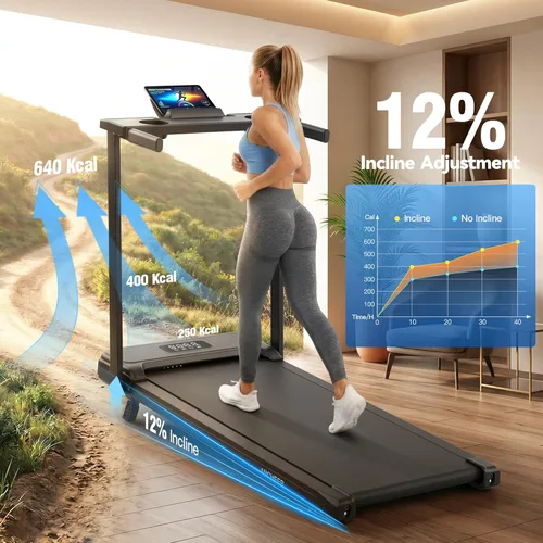 Miniatura 4 de FUNMILY Caminadora inclinada de 3.5 HP con escritorio y barra de asa, resistente capacidad de peso de 350 libras, cinta de correr portátil