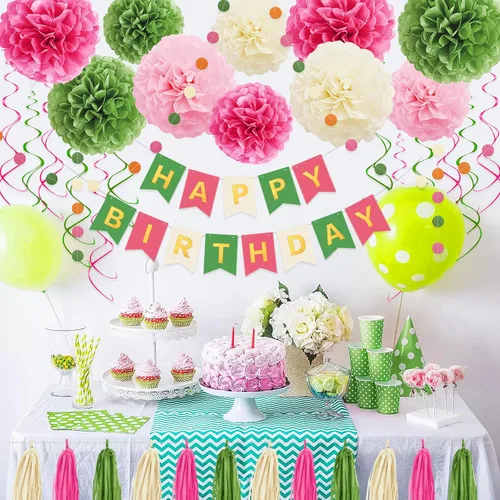Miniatura 6 de Decoraciones de cumpleaños rosa y verde para mujeres y niñas, pompones de papel de seda, pancarta de feliz cumpleaños, borla de papel, guirnalda