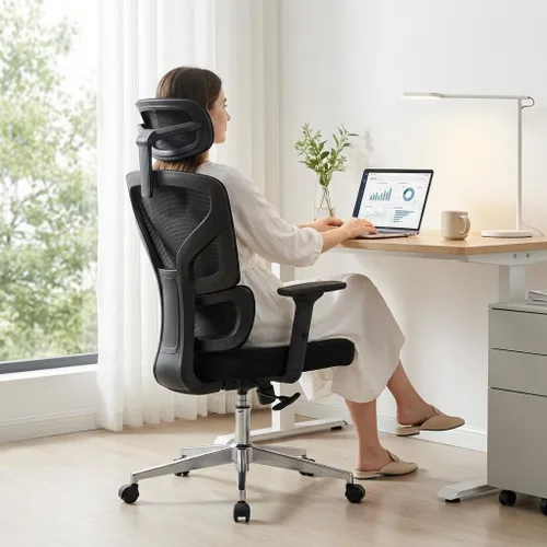 Miniatura 9 de Silla de oficina ergonómica con soporte lumbar ajustable, silla de escritorio de oficina en casa, cómoda silla de juegos de malla con reposabrazos