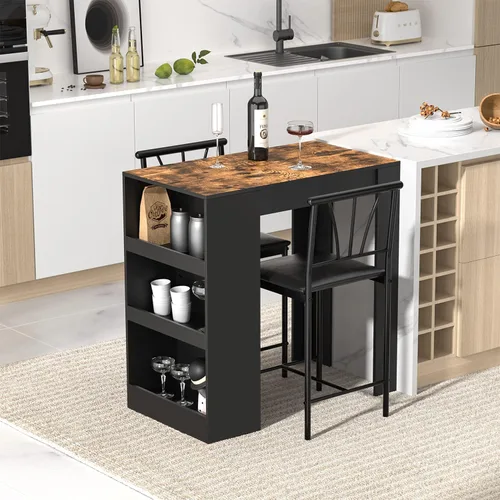 Miniatura 4 de VECELO Mesa de bar pequeña y sillas de cocina alta rincón de desayuno con taburetes/juego de comedor para 2, estantes de almacenamiento, ahorro