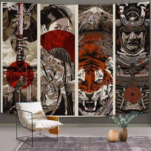 Miniatura 8 de Aidatain Tapiz de pared Samurai Maiko de estilo japonés para dormitorio, diseño de tigre y monte Fuji, manta de playa de franela de 40 x 30 pulgadas