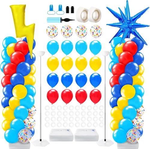 Miniatura 25 de Kasyat Juego de 2 soportes de columna de globos para fiesta de arañas con 2 arañas y 100 globos de látex rojos, azules y negros, soportes de arco