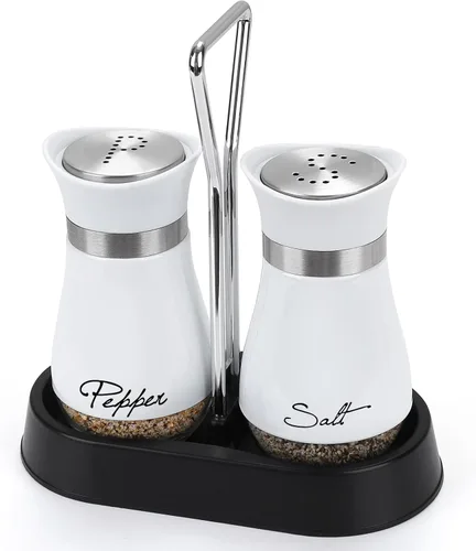 Miniatura 11 de Accmor Juego de saleros y pimenteros con soporte, recipientes de acero inoxidable de 4 onzas con fondo de vidrio para cocina, barbacoa, bar, mesa