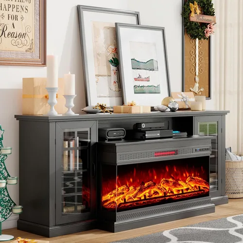 Miniatura 13 de LUXOAK Soporte de TV para Chimenea con Chimenea Eléctrica de Vidrio de 3 Lados, Centro de Entretenimiento Multimedia de 59" con Gabinete de Gris