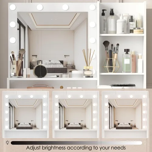 Miniatura 5 de Vanity Desk with Mirror & Light, Large Drawer Three Level Storage Dresser, 3 Lighting Modes Adjustable Brightness, Bedroom Dressing Table(White)
