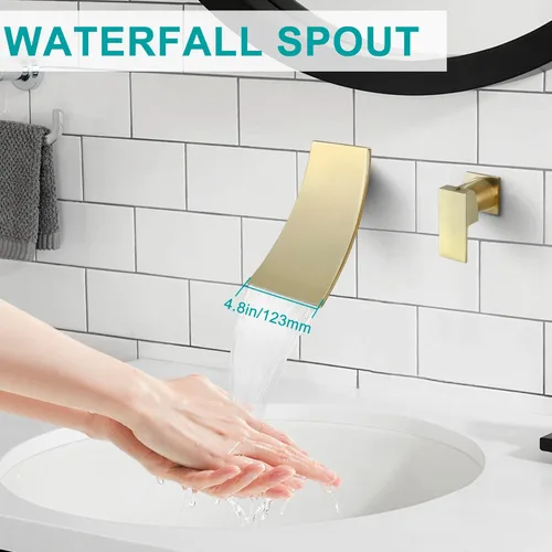 Miniatura 6 de SKOWLL Grifo de fregadero de baño de montaje en pared de una sola manija, juego de grifo moderno de cascada de oro cepillado, boquilla de cascada