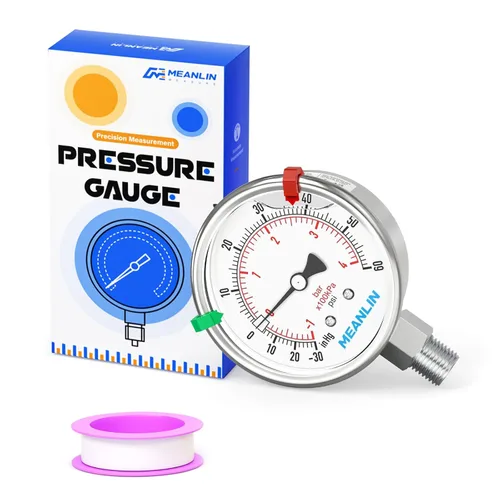 Miniatura 12 de MEANLIN MEASURE Medidor de presión de acero inoxidable relleno de líquido de 0 ~ 100 psi con junta de acero inoxidable 316, esfera de cara NPT