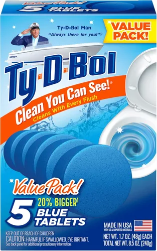 Ty-D-Bol Blue Tablets Value - Paquete de 5 unidades, limpia y desodorizante, inodoros para un baño con olor fresco