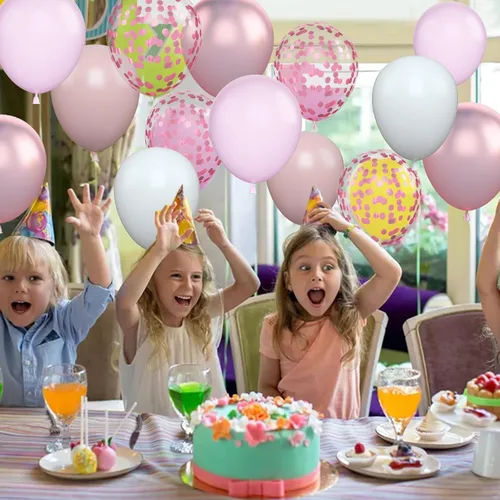 Miniatura 56 de Globos rosados y morados, 50 unidades de 12 pulgadas, globos de confeti, globos de látex metálicos rosados y morados con cinta, globos de fiesta