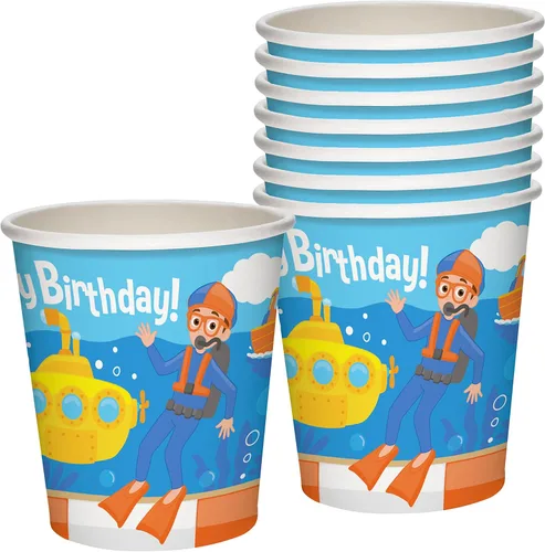 Treasures Gifted Copas Blippi con licencia oficial, 8 unidades, tazas Blippi de 9 onzas, taza de fiesta de cumpleaños Blippi, suministros para