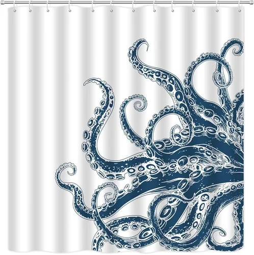 Miniatura 8 de Cortina de ducha de tentáculo de pulpo, diseño de kraken de océano blanco y negro, divertido animal náutico, vida marina, fresco, moderno, único
