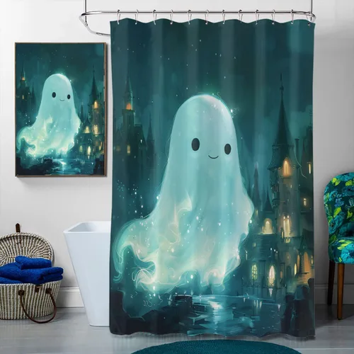 Miniatura 3 de Juego de 4 cortinas de ducha de Halloween con alfombra, cubierta para tapa de inodoro y tapete de baño, diseño de fantasmas de dibujos animados