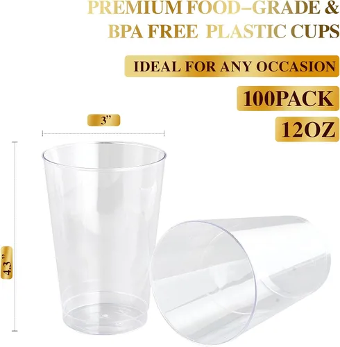 Miniatura 2 de FOCUSLINE Vasos de plástico transparente de 12 onzas, vasos desechables de plástico duro, reutilizables, 100 unidades Vasos desechables
