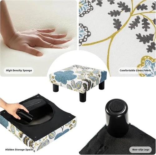Miniatura 7 de Joveco Taburete pequeño otomano, reposapiés cuadrado tapizado de tela para sofá, debajo del escritorio, oficina, sala de estar, azul floral