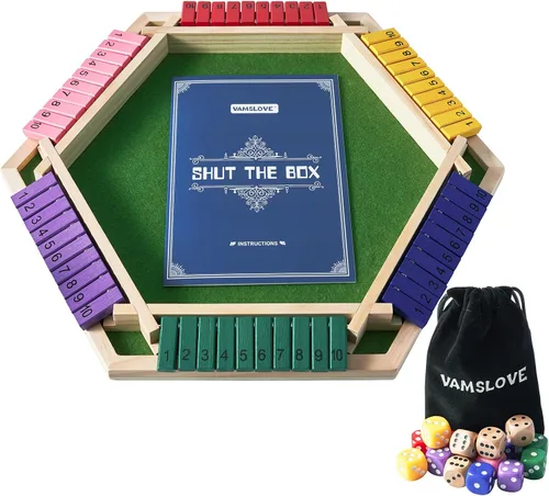 Miniatura 6 de Vamslove - Juego "Shut The Box" para 6 jugadores con 12+4 dados - Juego de mesa de madera de 6 lados colorido con números matemáticos para niños