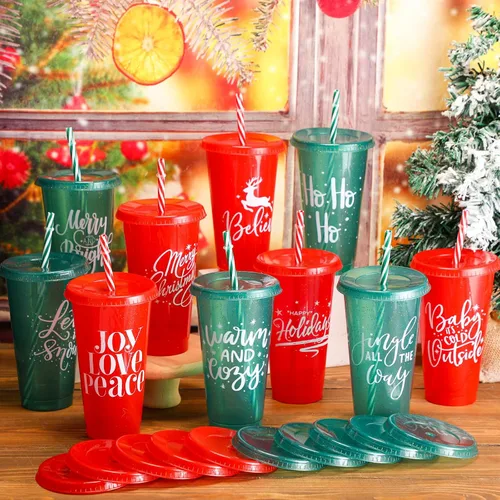Miniatura 5 de Tioncy 50 vasos de plástico de Navidad con tapas y popote a granel, vasos de plástico de Navidad reutilizables de 25 onzas, tazas de Navidad