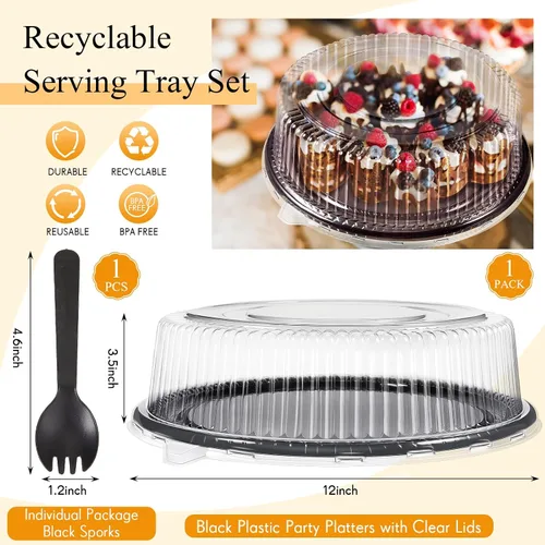 Miniatura 2 de Tessco for you 1 bandeja de servicio resistente con tapa transparente y tenedores, bandeja grande de plástico desechable para catering, plato negro