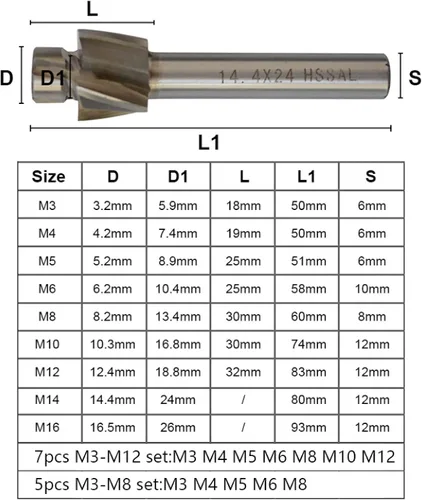 Miniatura 2 de Broca de taladro HSS de 4 flautas para fresado de molino de extremo de avellanado para perforación de madera/metal, M14.4x24x12x80