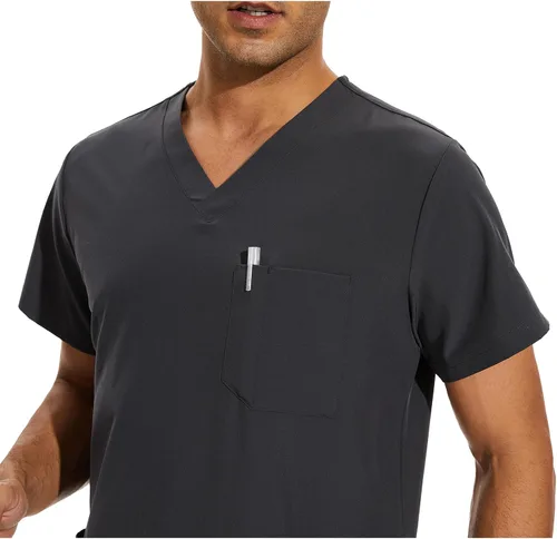 Miniatura 4 de COZYFIT Conjunto de ropa quirúrgica para hombre camiseta elástica con cuello en V y pantalón deportivo con 8 bolsillos, cintura de yoga, ropa
