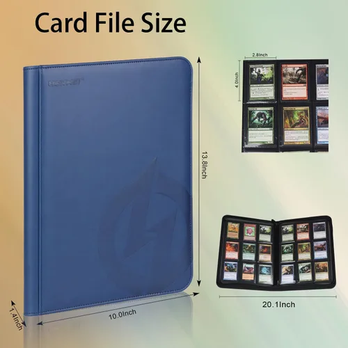 Miniatura 2 de Carpeta de 9 bolsillos con cremallera azul, 360 tarjetas, exterior de piel sintética de alta calidad, forro interior de gamuza suave, 20 páginas