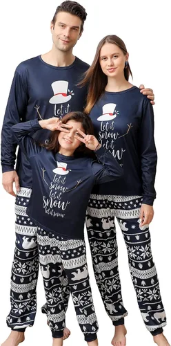 Matching Christmas Pajamas for Family, Funny Holiday Cute Let It Snow Print Tops and Plaid Pants Xmas Sleepwear Pjs Set
