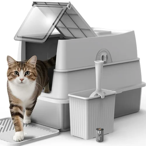 Caja de arena de acero inoxidable con tapa | Caja de arena cerrada extragrande para gatos grandes | Cajas de arena de metal de alta cara | 100%