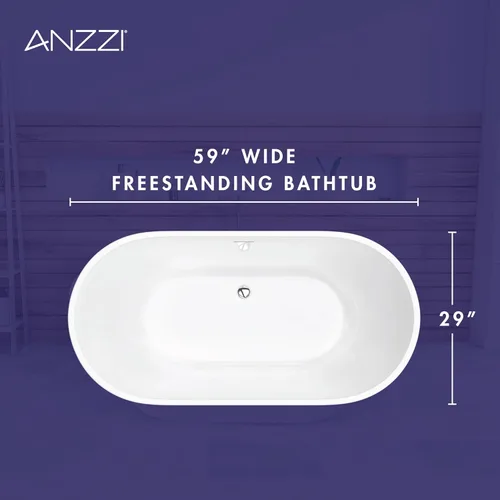 Miniatura 5 de ANZZI Bañera independiente de acrílico de 59 pulgadas de fondo plano Bañera de remojo White Mone Series Diseño compacto construido en desbordamiento