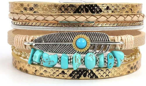 Miniatura 47 de Fesciory - Pulsera de leopardo para mujer, estilo bohemio de cuero multicapa con perlas de cristal