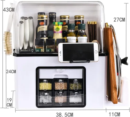 Miniatura 7 de IMPREC Estante de condimentos, cocina con cajón de tapa abatible transparente, tarro de condimentos, botella organizadora de especias, estante