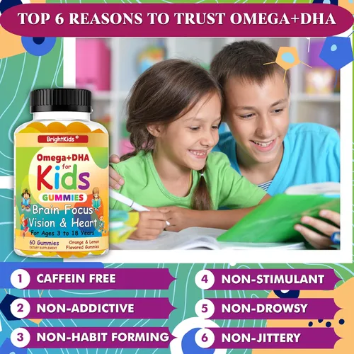 Miniatura 5 de BrightKids Gomitas Omega + DHA para niños y adolescentes, suplementos de concentración y atención para niños, gomitas de enfoque para niños, gomitas