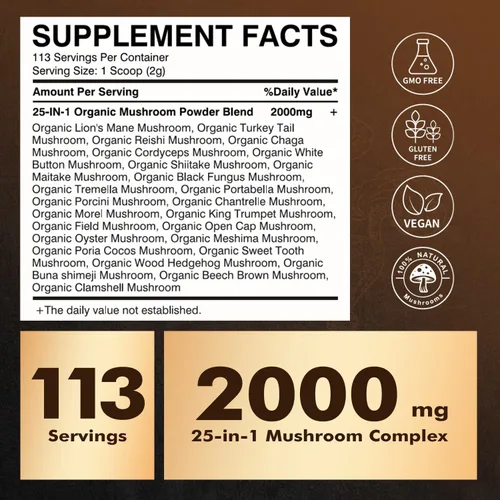 Miniatura 4 de Polvo de hongos 25 en 1, complejo de hongos de 2000 mg - Melena de león, Reishi, Shiitake, Chaga, cola de pavo, Cordyceps y más, mezcla de hongos