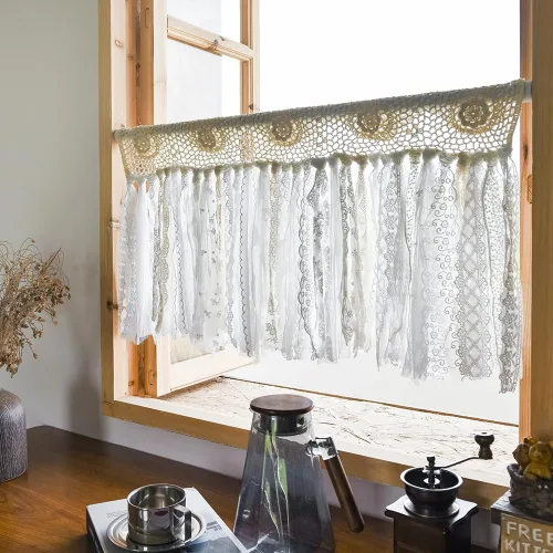 YJ YANJUN Cenefas bohemias para ventanas hechas a mano de algodón con encaje de ganchillo para sala de estar, cortinas huecas de café de 16 pulgadas