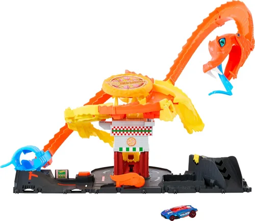 Hot Wheels - Juego de pista para autos modelo City Toy Car Track Set, Pizza Slam Cobra Attack Playset, Cola de serpiente en espiral con Randomizer,
