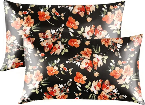 Miniatura 22 de EXQ Home - Funda de almohada de satén para cuidar el cabello y la piel, tamaño estándar, de seda con estampado negro, juego de 2 fundas con cierre