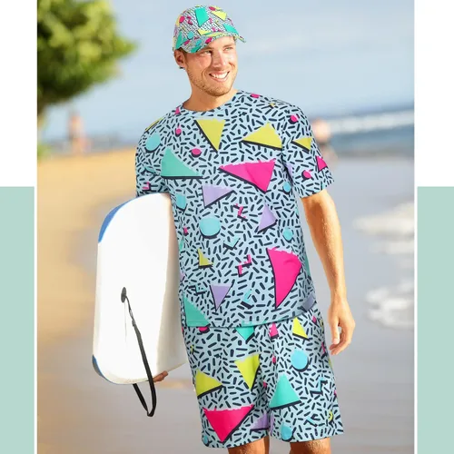 Miniatura 4 de Handepo Conjunto retro de los años 80 y 90 para hombre, 2 piezas, camiseta hippie y pantalón corto con sombrero para disfraz de fiesta de discoteca