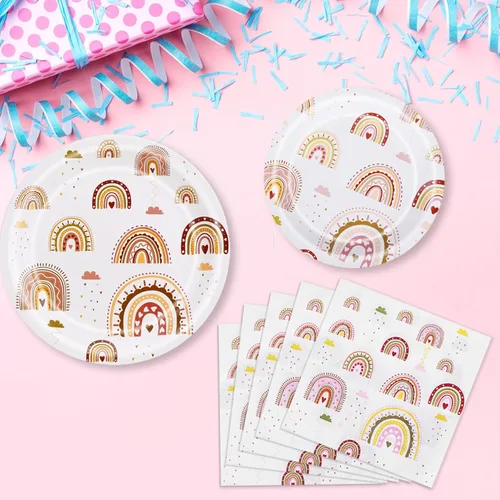 Miniatura 7 de Ryzovo Juego de 62 piezas de vajilla bohemia para fiesta de arcoíris, incluye platos de papel, servilletas, mantel para niñas y niños, decoración