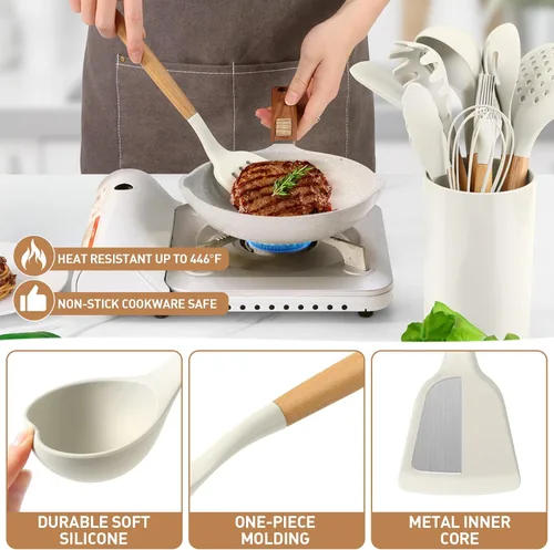 Miniatura 3 de LIANYU Juego de 15 utensilios de cocina de silicona con soporte, juego de utensilios de cocina antiadherentes, resistentes al calor y no tóxicos