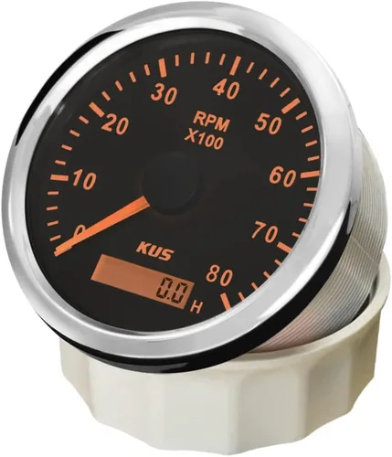 Miniatura 3 de Kus Tacómetro de 3.346 in RPM REV Contador con medidor de horas 8000RPM con retroiluminación 12V/24V (8K-Negro+Acero Inoxidable)