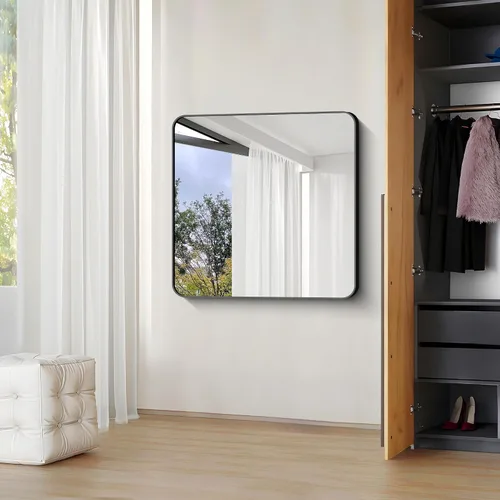 Miniatura 7 de Espejos de baño negros para pared, espejo cuadrado de 30 x 30 pulgadas, espejo de pared con marco de metal de esquina redondeada, espejo de tocador